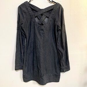 Denim chambray faded black mini dress tunic crisscross back INSIGHT